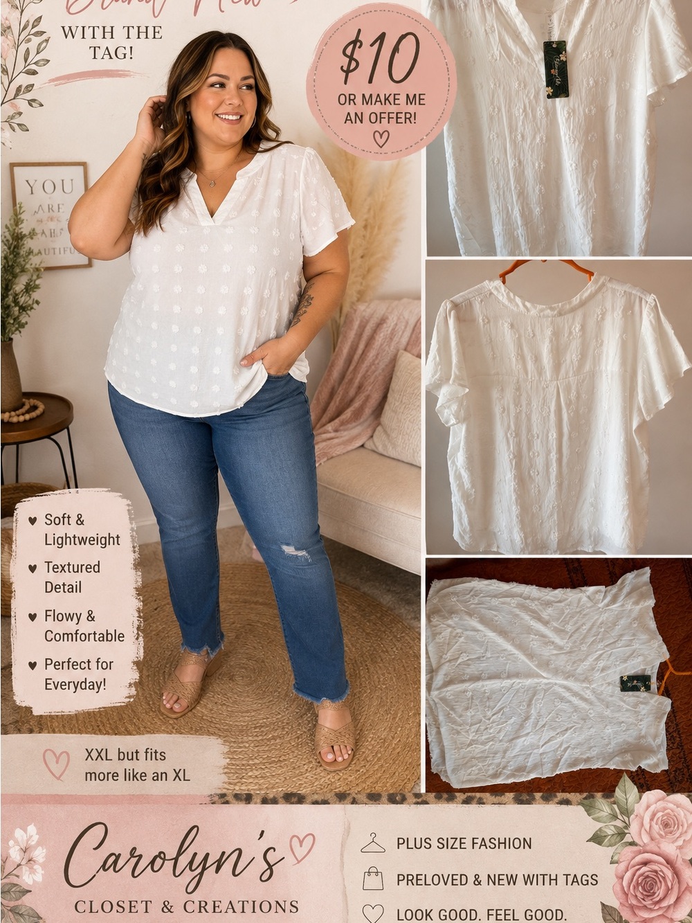 White Textured Flutter-Sleeve Women's Top